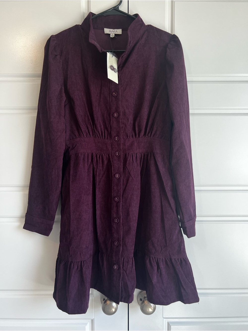 Avara NWT Elizabeth Corduroy Button-Front Long Sleeve Dress Eggplant Sz S